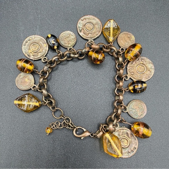 Vintage Etruscan Revival Antiqued Bronze Coin and Amber Glass Charm Bracelet 8in - Picture 1 of 10